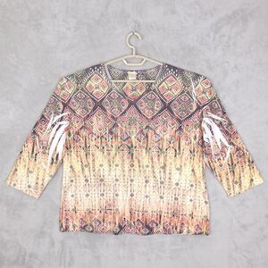 Jess & Jane Top Shirt Womens 1X Artsy 3/4 Sleeves Geometric Tribal Embellished